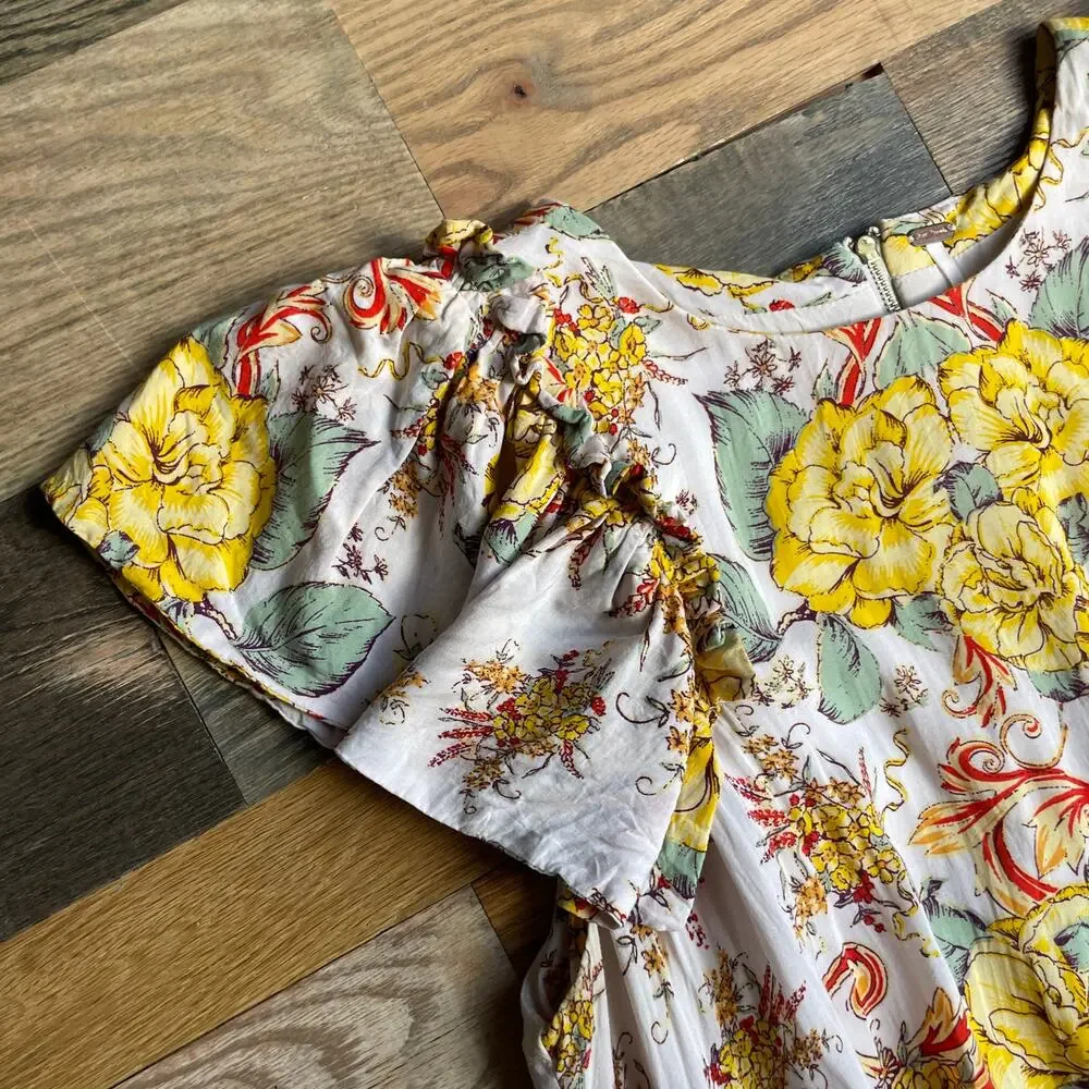 Free People XS Floral Ruffle Sleeve Short Dress 100% Viscose Yellow Pink